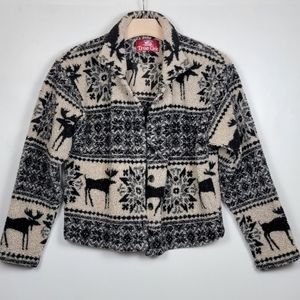 True Grit Fairisle Moose Button Down Teddy Jacket, Cream & Black, EUC, size S